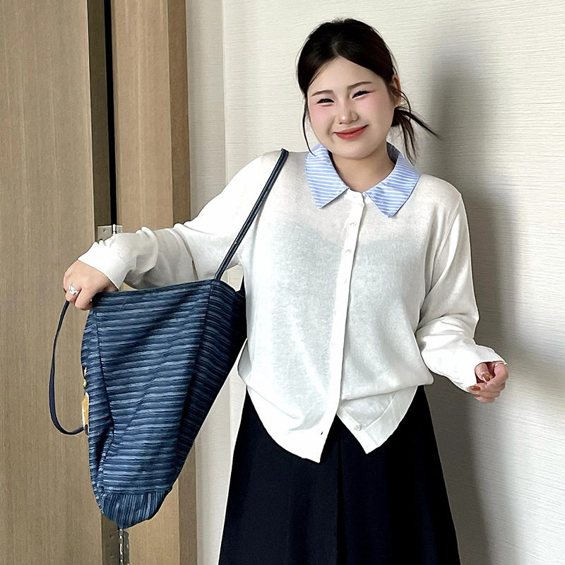 23898大码女装撞色polo领长袖外套2026春胖mm休闲宽松针织衫乃粒