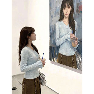 喇叭袖v领系带针织毛衣女收腰纯欲风打底衫春装秋冬龄内搭上衣