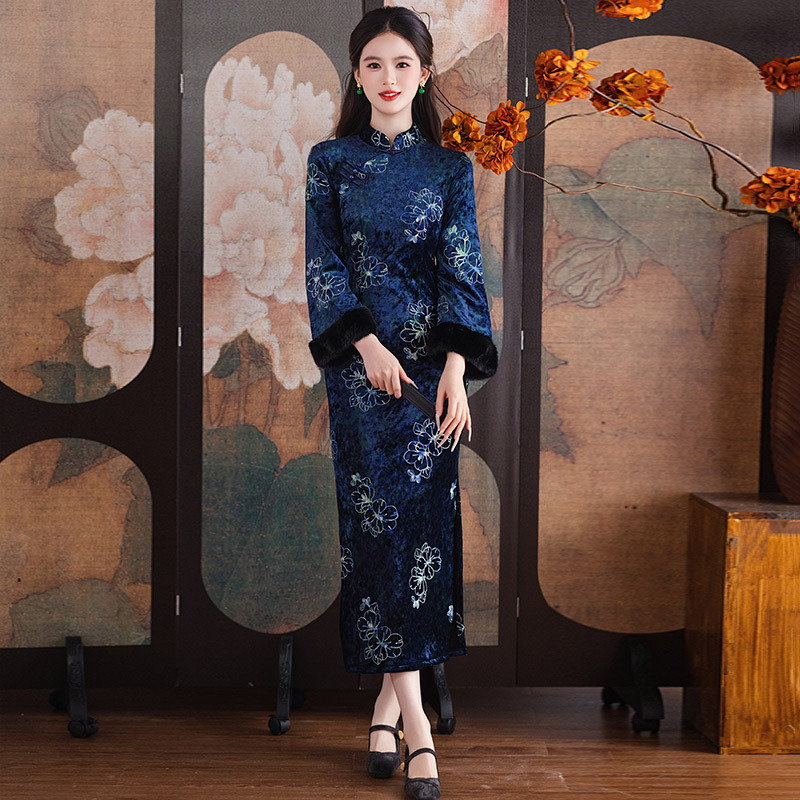 显瘦蓝色加绒国风苏州长袖改良旗袍冬季厚款女新中式2025新款秋冬
