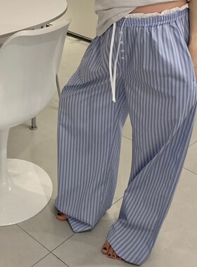 韩国ins春夏拼接抽绳条纹休闲裤阔腿长裤子 慵懒松弛外穿居家睡裤
