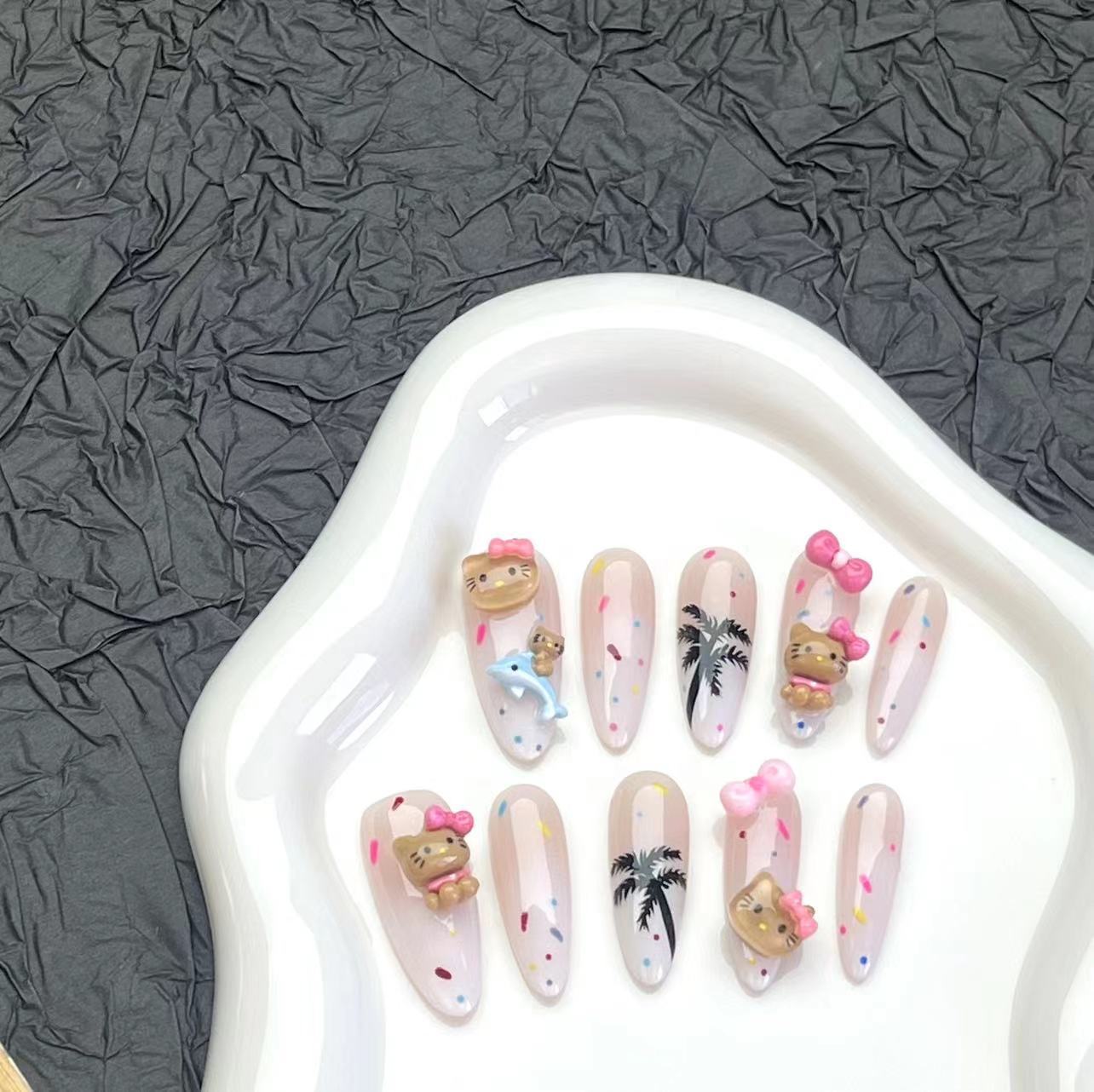 纯手工穿戴甲甜酷风乳白渐变彩虹糖豆kitty猫海岛椰树显白ins美甲
