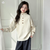 女童加绒毛衣2025秋冬新款立领五粒扣针织衫中大童韩系打底衫春秋，童装毛衣，祺儿童装