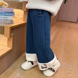 女小童加绒牛仔裤冬季洋气女加厚休闲裤冬装儿童卡通阔腿裤潮P72，童装裤子，祺妙童装