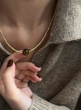 真金电镀美拉德虎眼石金色镭射珠项链时尚秋冬气质网红毛衣链女