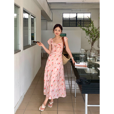 新款法式荷叶边碎花连衣裙女2025夏季修身显瘦收腰长裙女142LH407