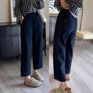 色织牛仔 25冬新 酵素水洗V字刺绣可翻边显瘦松紧腰牛仔裤