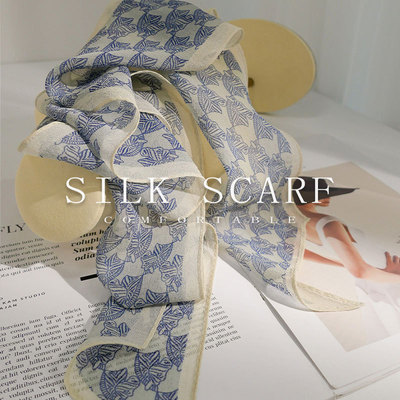 蓝色真丝丝巾小众桑蚕丝长条丝带女百搭配饰系脖领巾