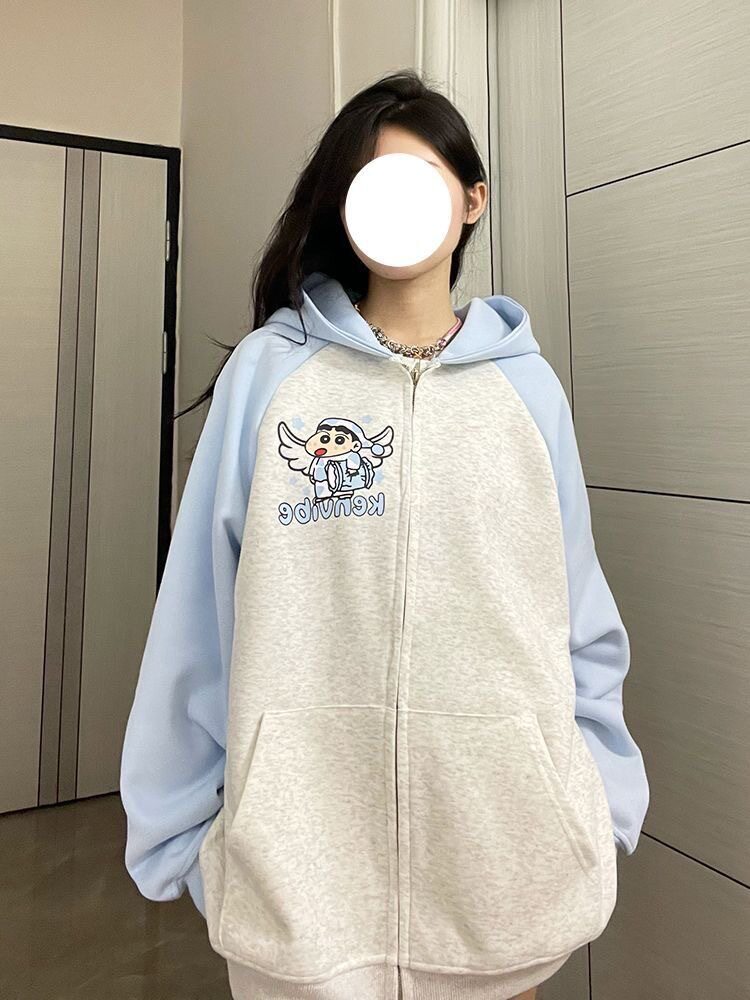校园风国潮美式拼色开衫连帽卫衣女秋季新款蜡笔小新宽松ins外套