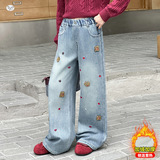女童加绒阔腿裤2025年秋冬新款前片卡通刺绣牛仔裤中大童休闲长裤，童装裤子，祺儿童装