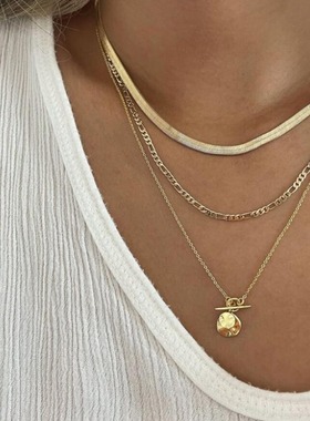 欧美跨境饰品复古百搭多层蛇骨链条项饰简约硬币吊坠OT扣金属项链