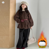 女童秋冬套装2025年新款中大童韩系花边毛呢外套阔腿直筒裤两件套，童装外套，祺儿童装