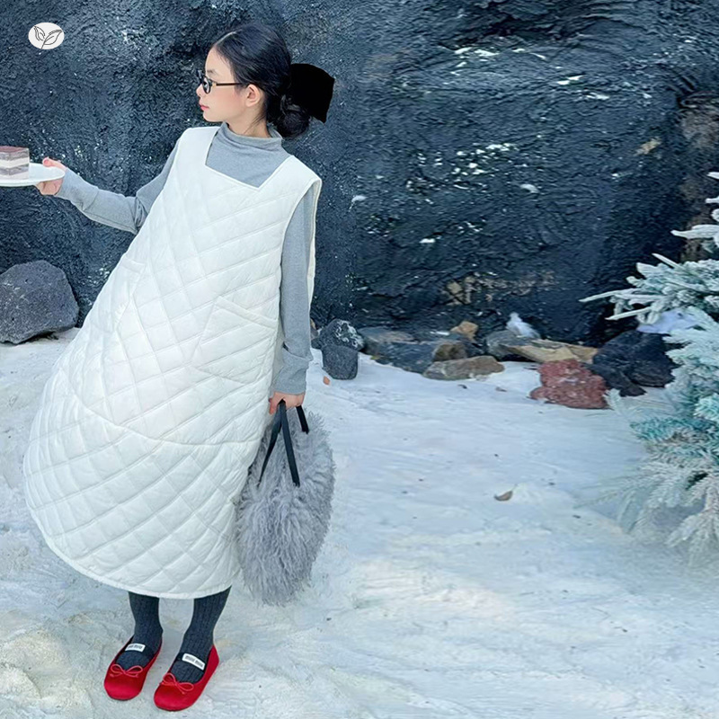 女童夹棉背心裙2025冬季新款菱形格叠穿无袖长裙中大童休闲连衣裙，童装棉衣，祺儿童装