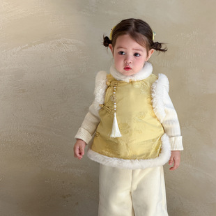 蔗梨童装女童冬装旗袍2025新款儿童新中式加厚上衣女国风套装