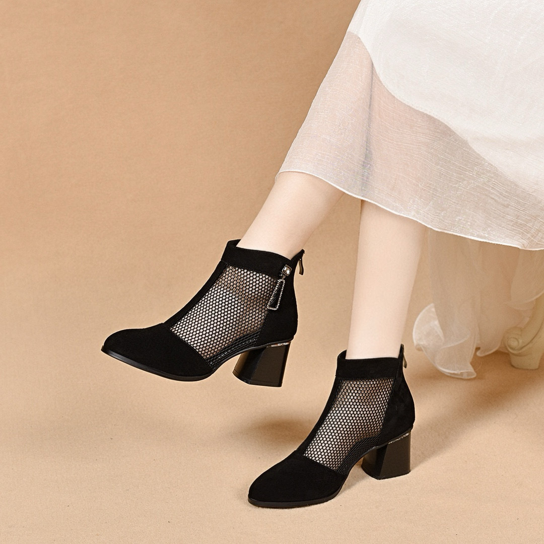 小码34码高跟网鞋女2025春夏新款黑色网纱粗跟凉靴30几岁女式鞋子