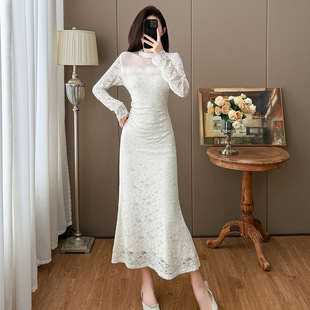 法式蕾丝气质很仙网纱拼接修身连衣裙女2025秋冬纯欲甜美包臀长裙