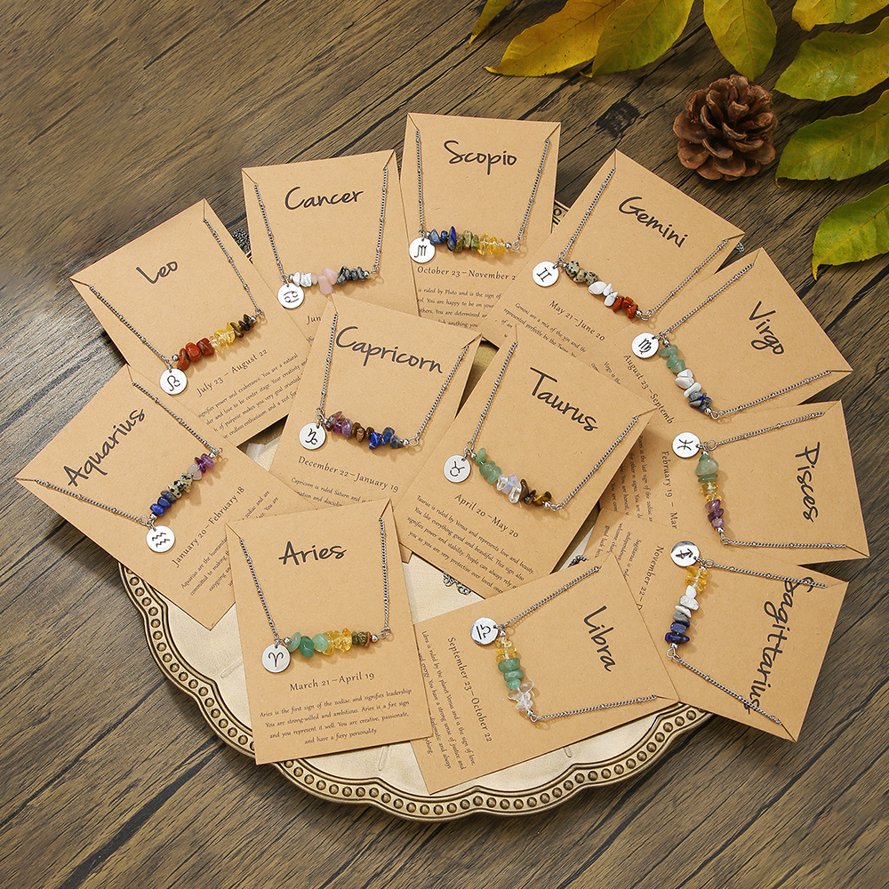 跨境热销石头碎石项链不锈钢12星座吊坠项链卡装不褪色锁骨链颈链