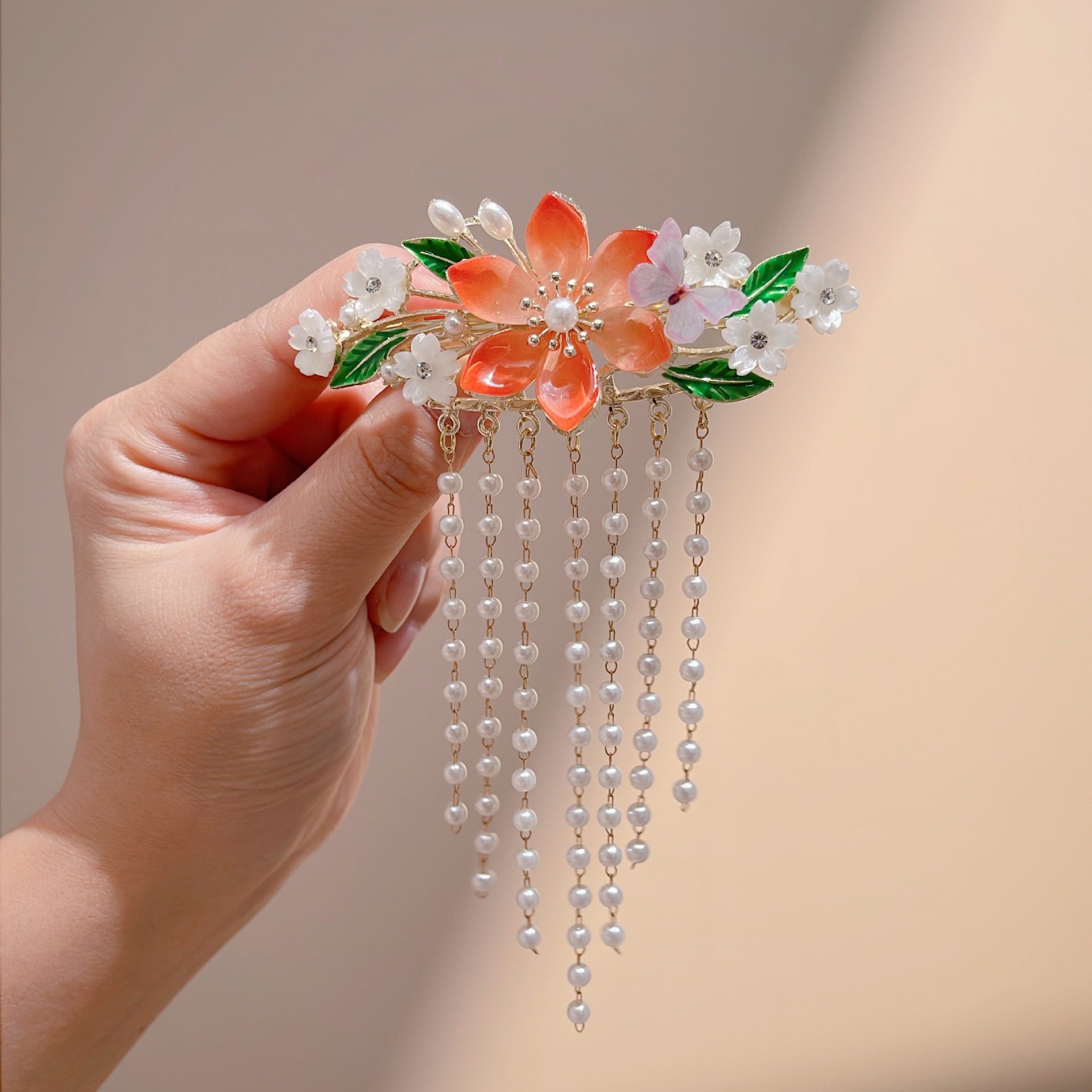 复古风超仙时尚花朵流苏发夹汉服旗袍配饰半扎盘发珍珠发卡女发饰