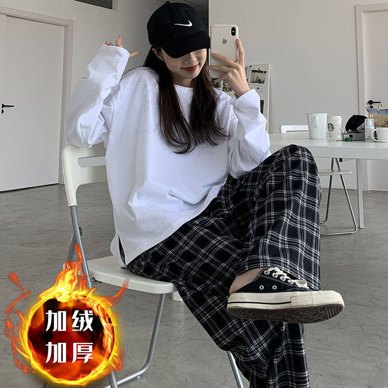 大码女裤胖mm秋冬加绒格子裤女学生韩版宽松200斤腰显瘦阔腿裤