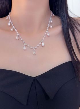 白月光~宫廷风水滴珍珠流苏吊坠项链女婚礼新娘派对锁骨链配饰品