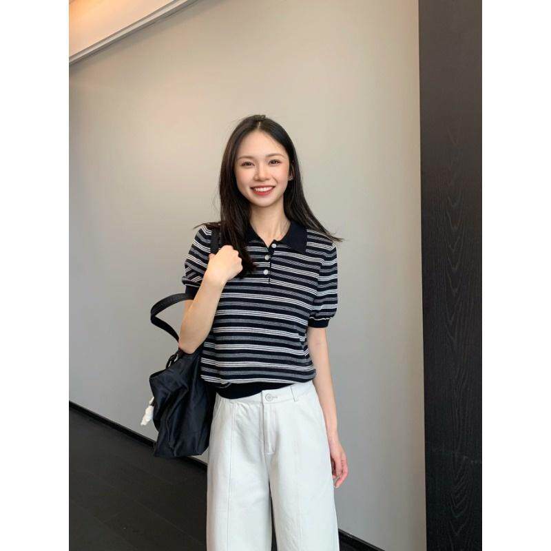 休闲活力感~复古polo翻领条纹针织衫女短袖百搭休闲26春夏