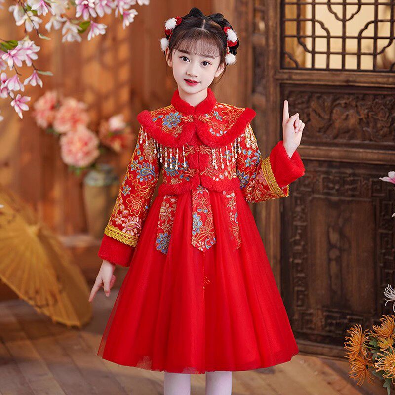 秋冬季款女童装s时尚加绒汉服拜年服中大儿童中国风唐公主连衣裙
