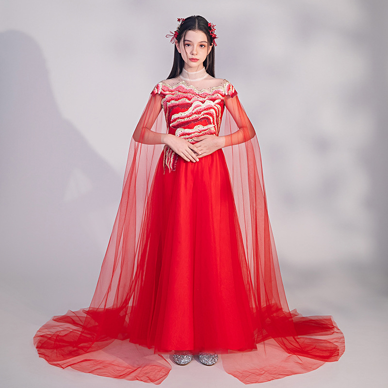 女童弹古筝演出服中国风艺考红色主持表演服水墨千里江山儿童礼服