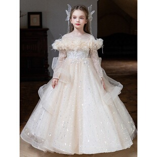 女童生日礼服端主持人花童女孩绝美公主裙儿童演出服长袖秋冬季