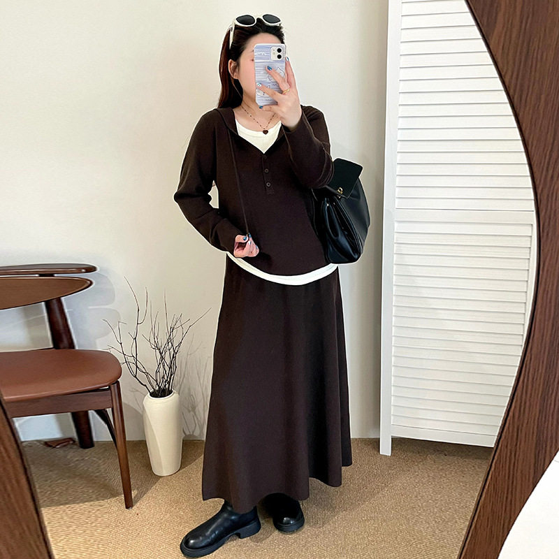 大码女装气质连帽假两件上衣半裙针织套装2025冬胖mm休闲两件套潮