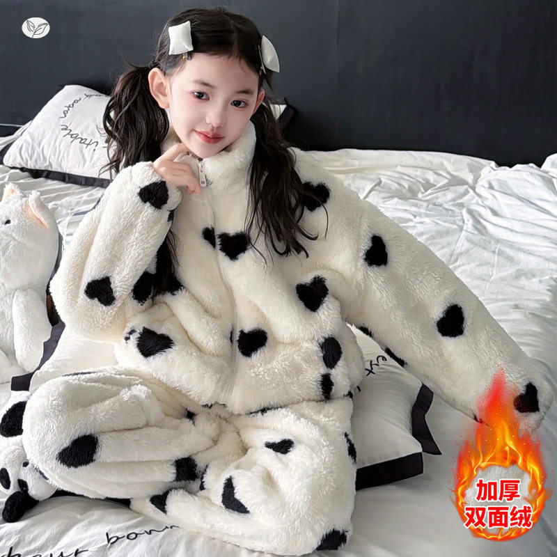 女童冬季家居服套装2025新款中大童甜美爱心睡衣两件套双面绒保暖，童装家居服（睡衣），祺儿童装