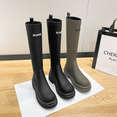 35-43大码新款粗腿大筒围内增高长筒靴胖mm字母厚底骑士靴高筒靴