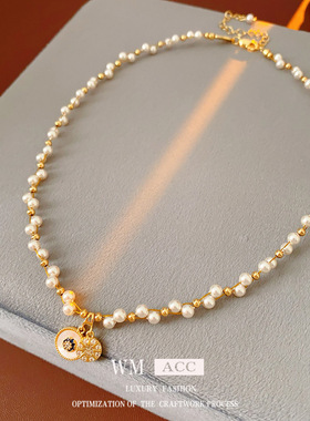 锆石珍珠八星芒吊坠项链复古轻奢高级感锁骨链时尚百搭气质饰品女