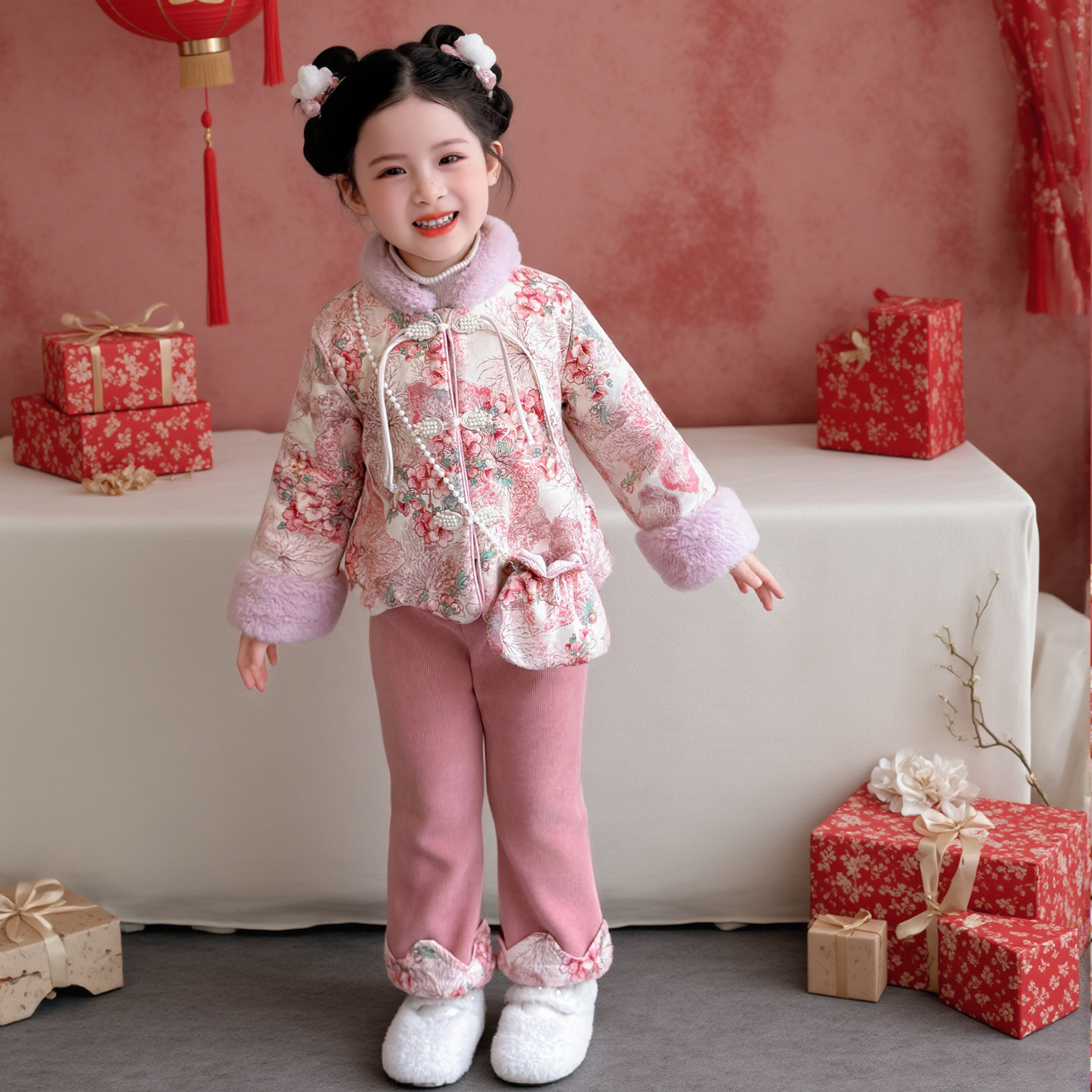 女童拜年服冬装2025新款儿童新中式唐装加绒套装喜庆新年衣服P108，童装休闲套装，祺妙童装