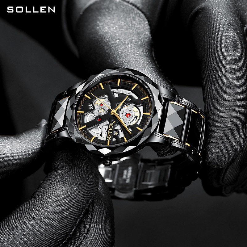 sollen梭伦2021新款陶瓷钢带士石英手表时尚 潮酷款潮流学生
