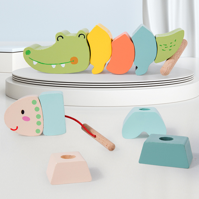 木制动物穿线穿绳串珠积木手眼协调精细动作训练儿童早教益智玩具