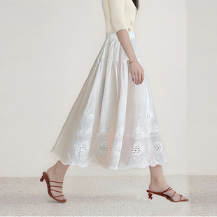半身裙新款百褶裙夏a字裙垂感小个子长款白色百搭【镂花映韵】