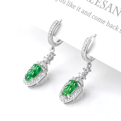 天然a货翡翠阳绿叶子树叶耳环耳坠S925银镶冰种玉石女款时尚耳饰