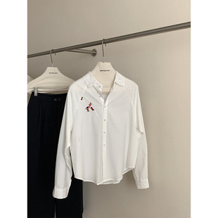 2026春精致小马刺绣马年蕾丝领长袖 外穿通勤上衣8700 棉简约白衬衫