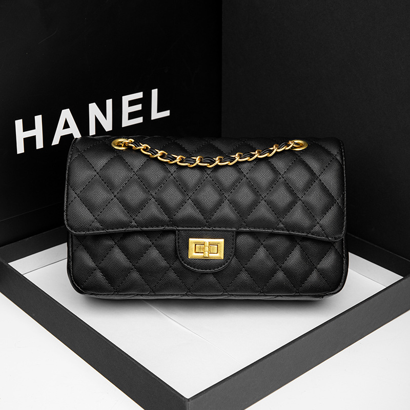 轻奢品质CF荔枝牛皮小香风菱格链条鱼子酱双盖肩斜挎包女包