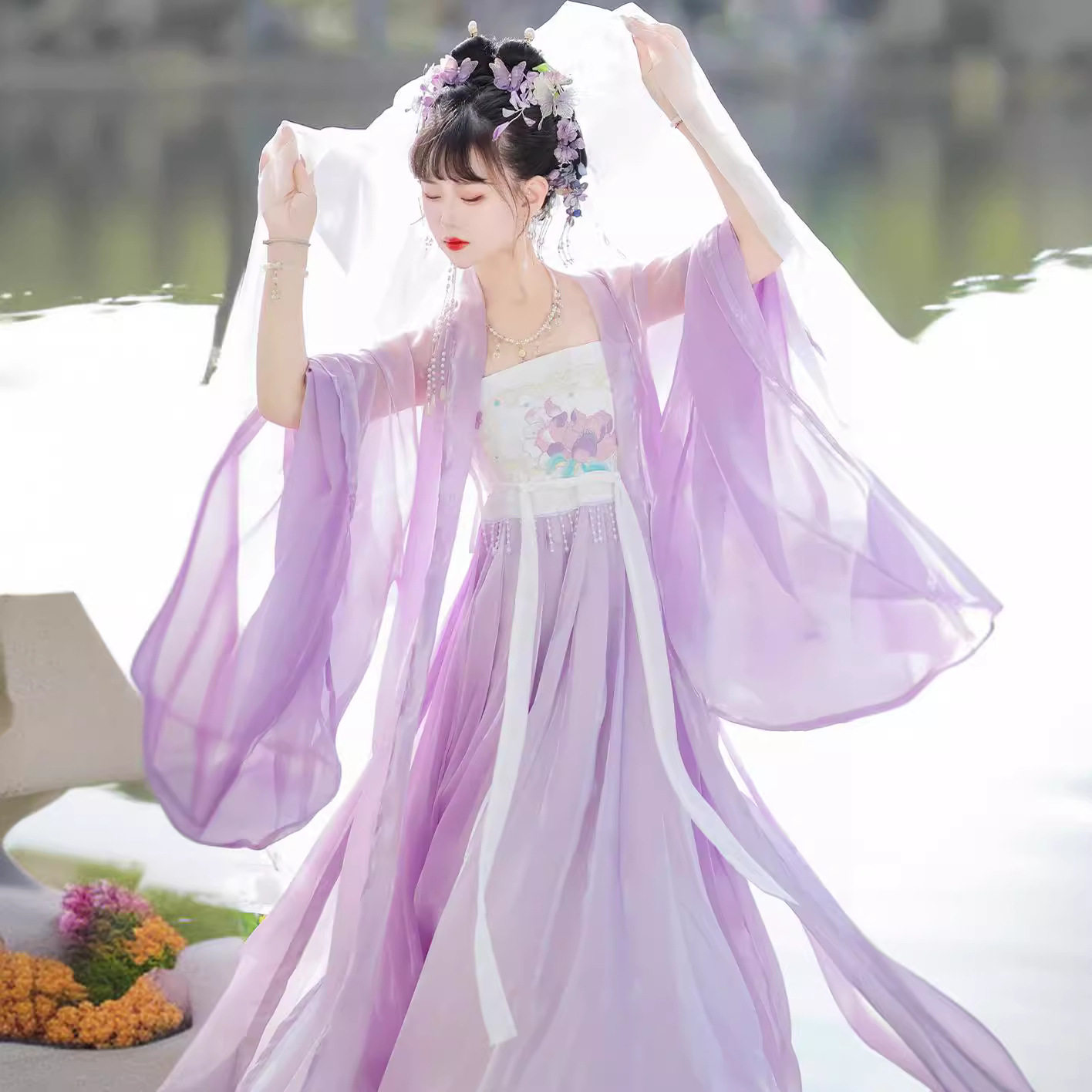 原创正品汉服女一片式齐胸唐制诃子裙大袖古装紫色仙气飘逸春夏款