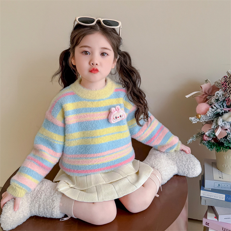 女童加绒毛衣一体绒加厚儿童条纹针织打底衫小女孩毛线上衣秋冬装，童装毛衣，祺妙童装