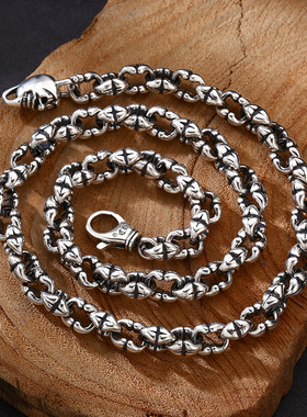 小众银饰男士s925纯银项链霸气环扣环十字纹小丑拼接项链情侣链子