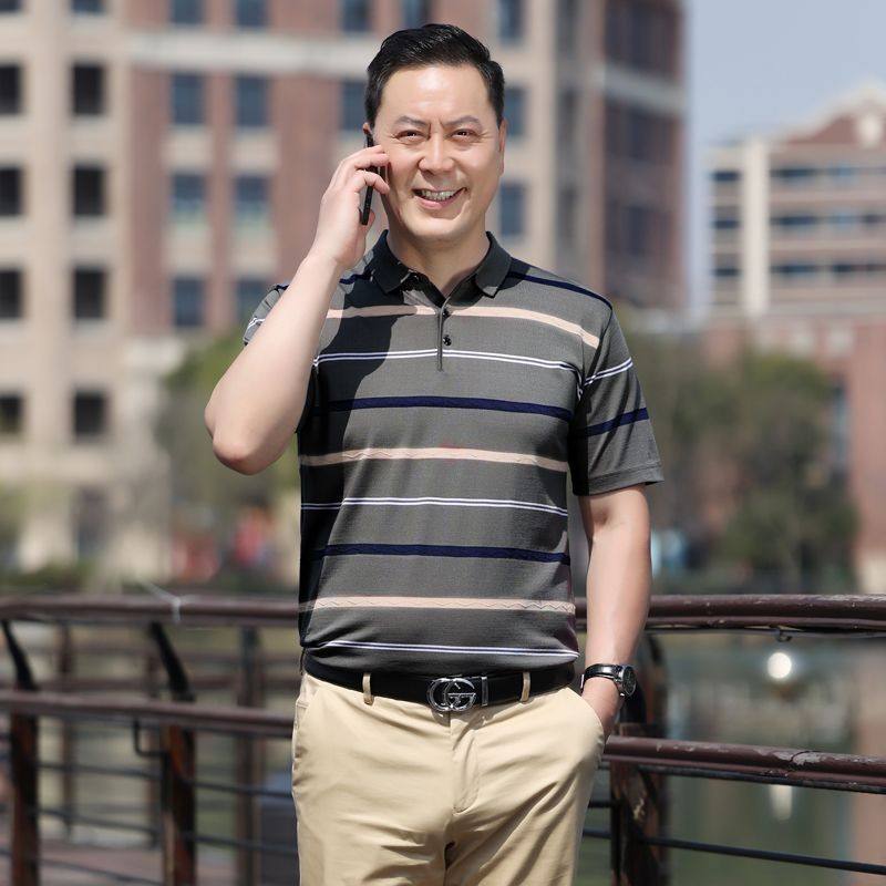 爸爸装夏装冰丝短袖t恤中年士翻领上衣宽松中老年装打底衫
