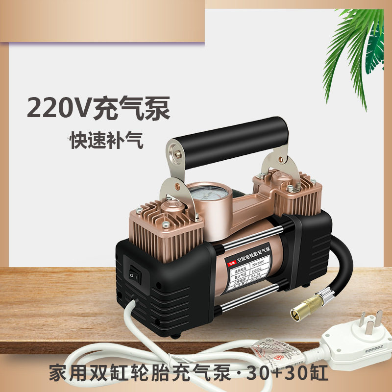 220V家用双缸充气泵电瓶动汽车轮胎应急高压车载泵游泳圈打气筒