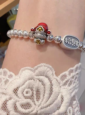 S925银手链手串女招财纳福小财神爷滴釉工艺银珠个性礼物首饰品