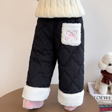 女小童加绒棉裤秋冬款洋气加厚外穿长裤冬装儿童蝴蝶结直筒裤P66，童装裤子，祺妙童装