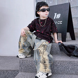 童短袖套装2025夏季新款牛仔裤阔腿裤工装裤烧花T恤上衣两件套，商品下架区，祺儿童装