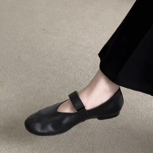 牛皮版复古魔术贴圆头浅口平底一字带玛丽珍鞋女2026春季圆头单鞋