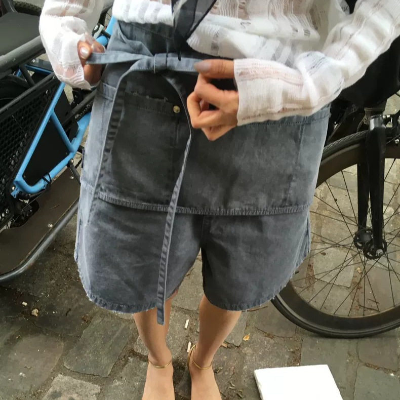 可太行了～韩复古做旧磨边热裤东大门夏季新系带款屁帘牛仔短裤女
