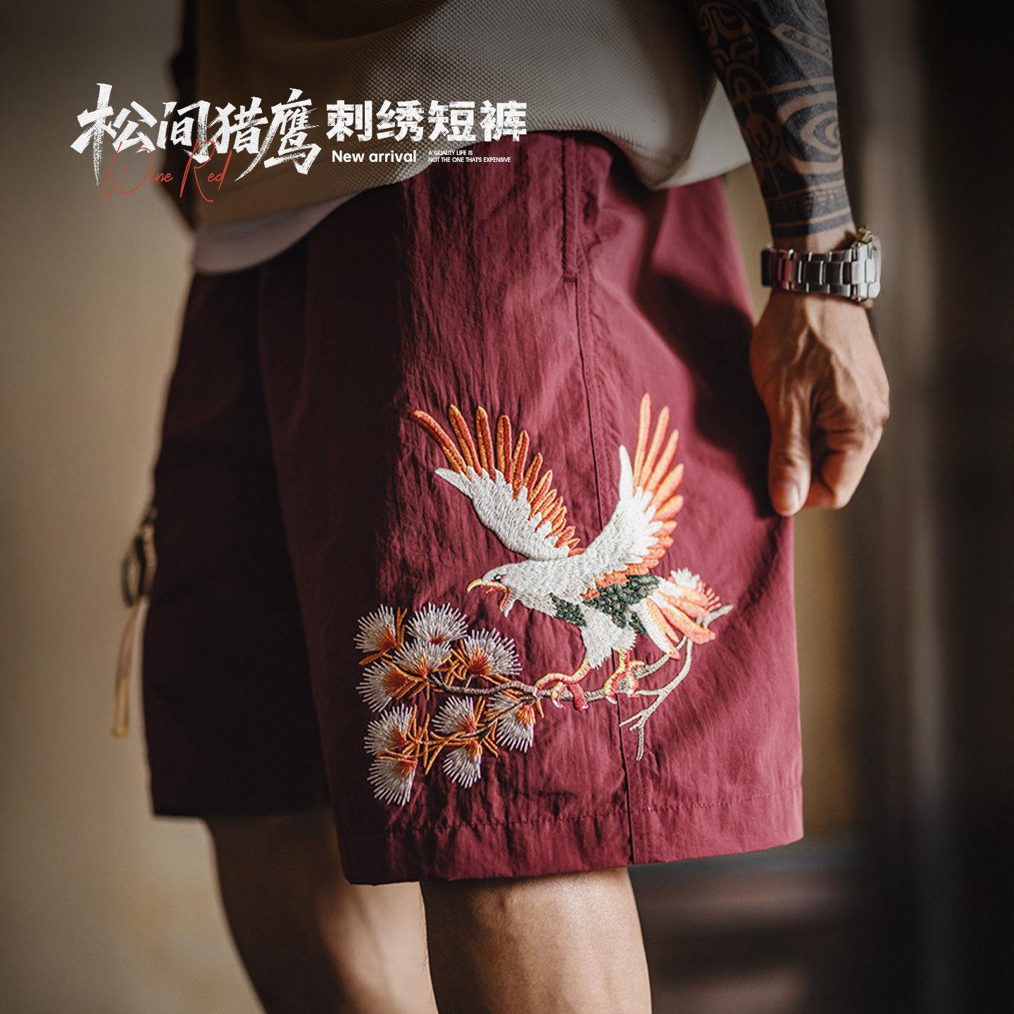 马登工装美式横须贺刺绣短裤宽松红色塔丝隆沙滩薄款五分裤男夏季