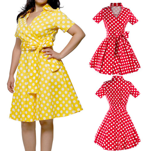 women v neck dresses party evening gown 女圆斑点束腰大摆裙子